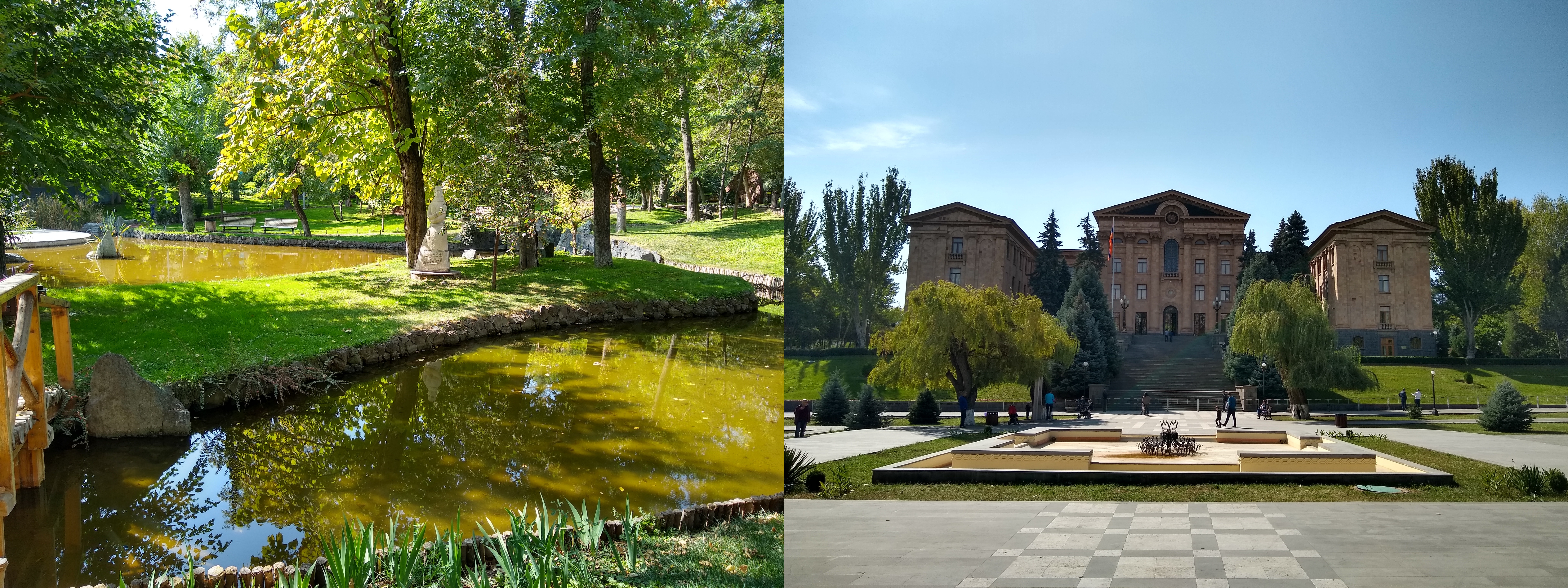 Photos of a park with lakes on the left, and a building with a courtyard in front on the right