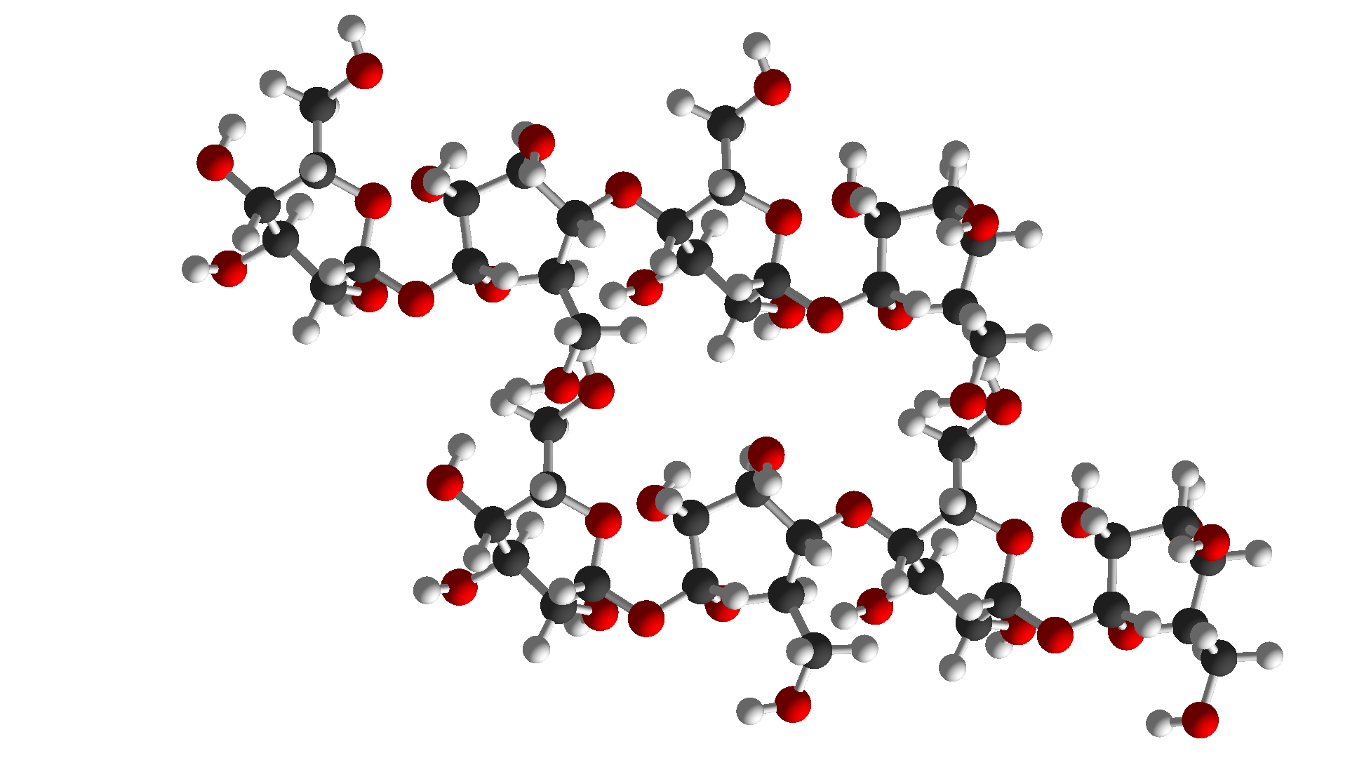 Picture of a molecular model of cellulose forming cross-links between adjacent cellulose molecules.