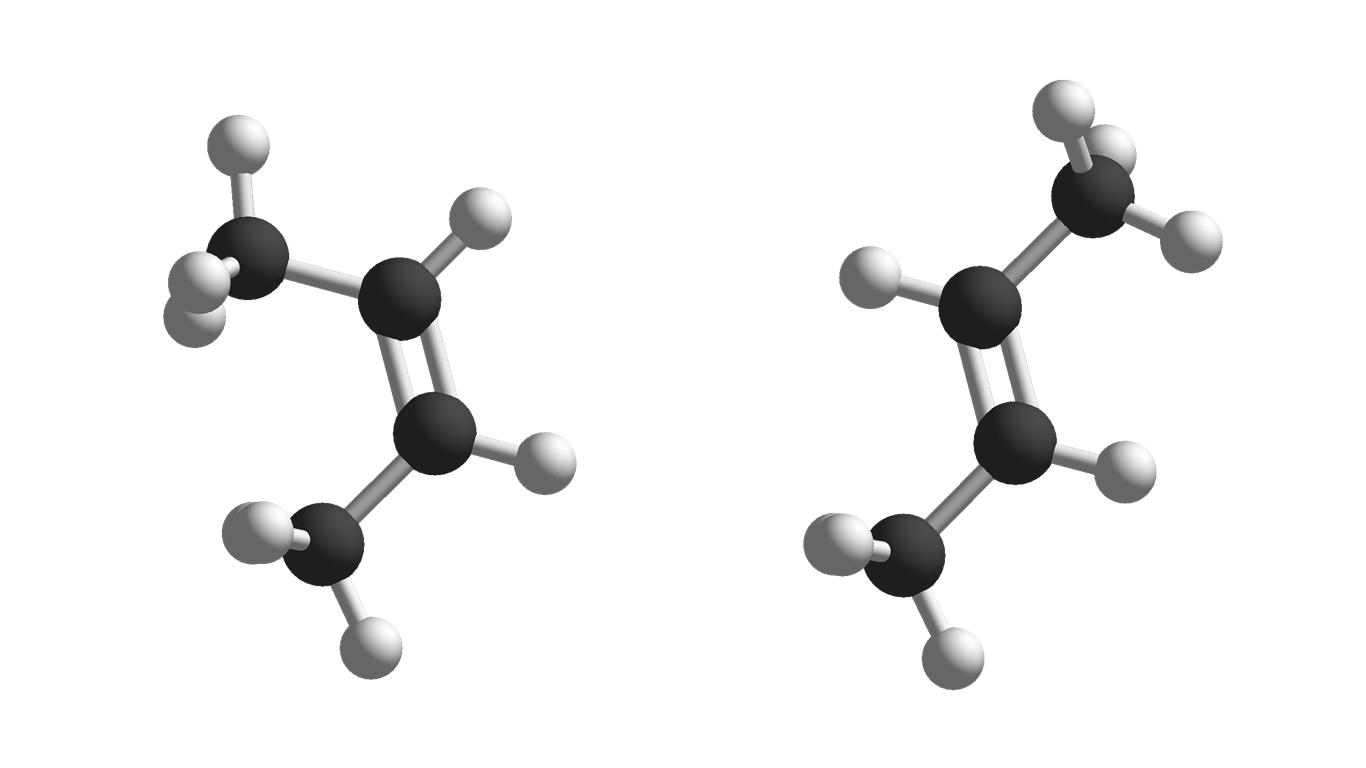 Pictures of molecule models of the cis and trans forms for but-2-ene.