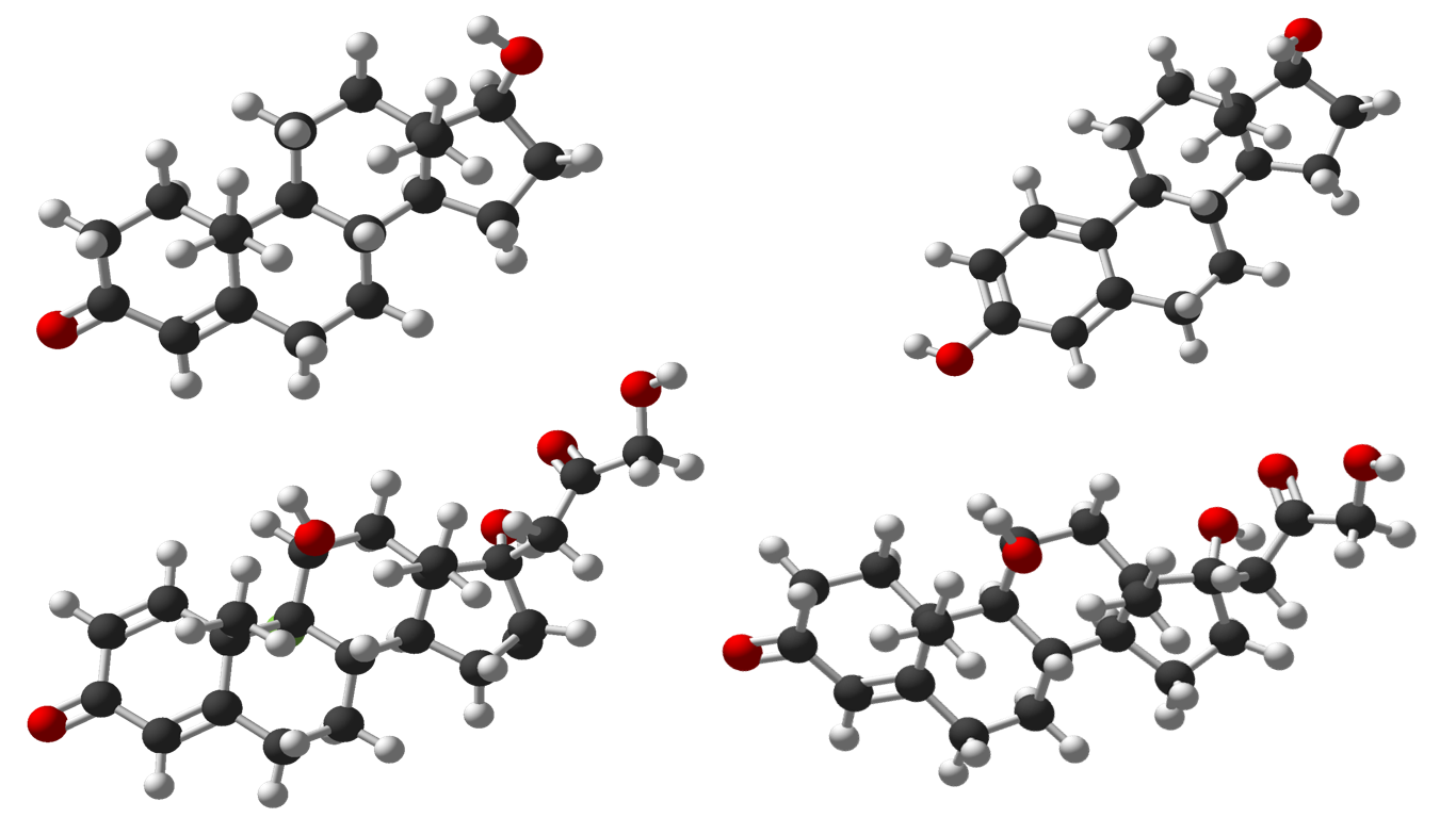 Picture of molecular models of the steroid hormones testosterone, estradiol, cortisol and dexamethasone.